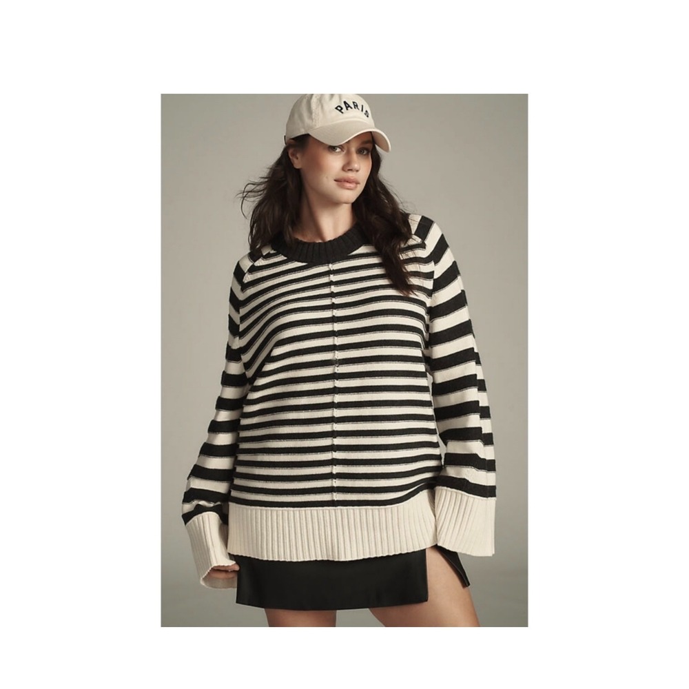 Anthropologie Maeve Chandler Sweater Womens XL Black Cream Boxy Minimalist Chic